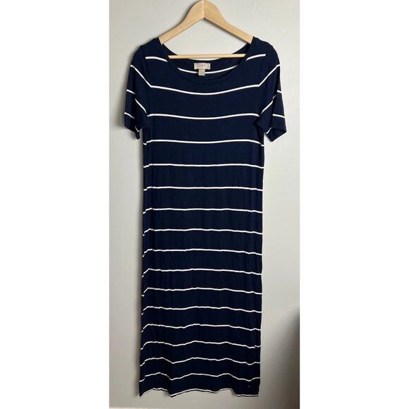 Loft Navy & White Striped T-Shirt Midi Dress Size MP Medium Petite Women’s - Picture 1 of 5